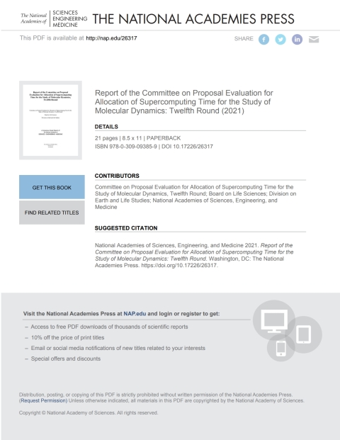 Cover image for book Report of the Committee on Proposal Evaluation for Allocation of Supercomputing Time for the Study of Molecular Dynamics