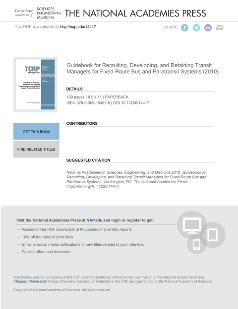 Cover image for book Guidebook for Recruiting, Developing, and Retaining Transit Managers for Fixed-Route Bus and Paratransit Systems