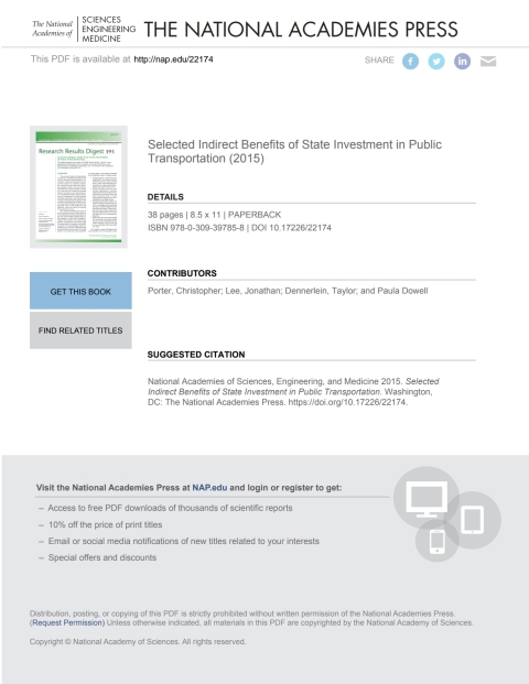 Cover image for book Selected Indirect Benefits of State Investment in Public Transportation