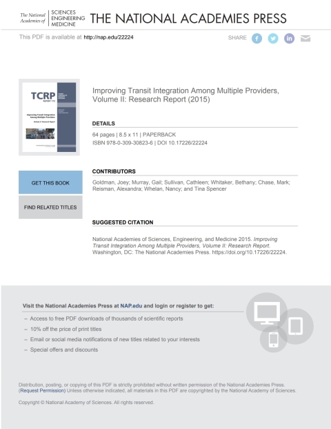 Cover image for book Improving Transit Integration Among Multiple Providers, Volume II: Research Report