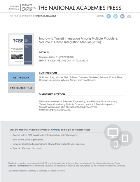 Cover image for book Improving Transit Integration Among Multiple Providers, Volume I: Transit Integration Manual