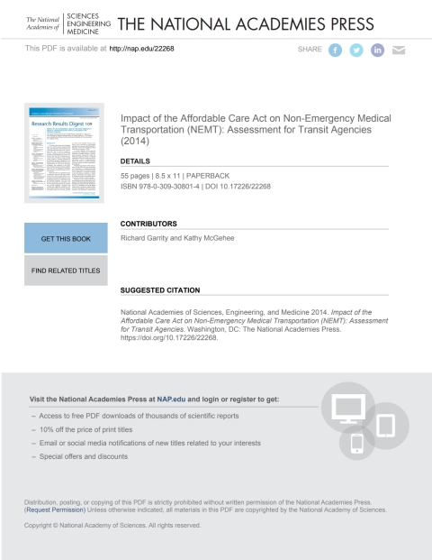 Cover image for book Impact of the Affordable Care Act on Non-Emergency Medical Transportation (NEMT): Assessment for Transit Agencies