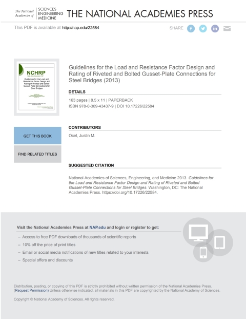 Cover image for book Guidelines for the Load and Resistance Factor Design and Rating of Riveted and Bolted Gusset-Plate Connections for Steel Bridges