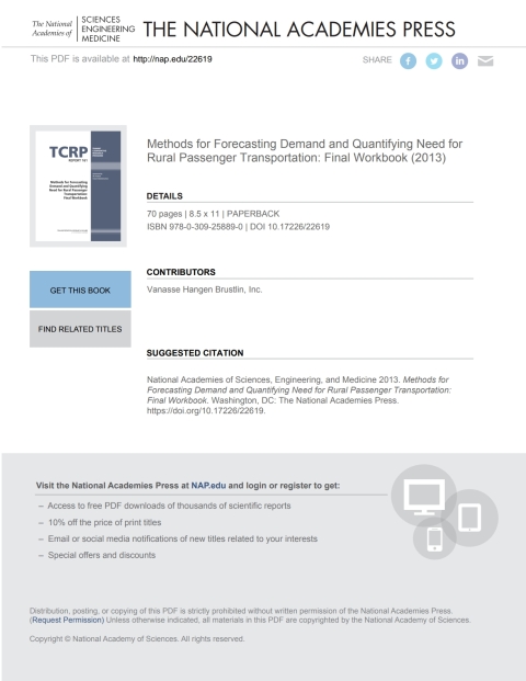 Cover image for book Methods for Forecasting Demand and Quantifying Need for Rural Passenger Transportation: Final Workbook
