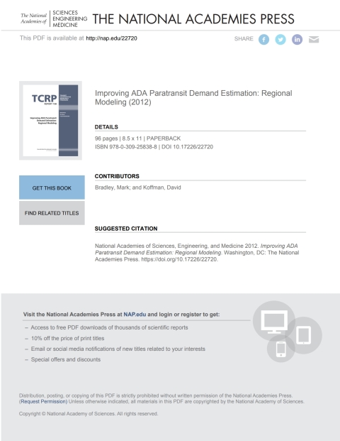 Cover image for book Improving ADA Paratransit Demand Estimation: Regional Modeling