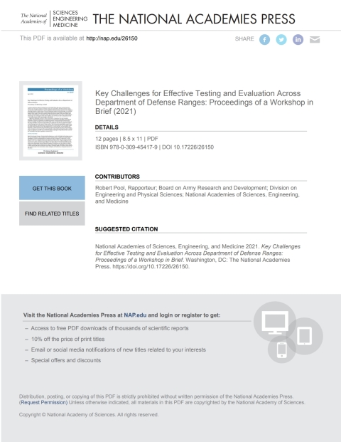 Cover image for book Key Challenges for Effective Testing and Evaluation Across Department of Defense Ranges