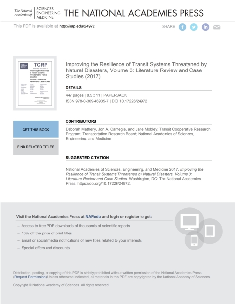 Cover image for book Improving the Resilience of Transit Systems Threatened by Natural Disasters, Volume 3: Literature Review and Case Studies
