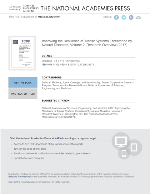 Cover image for book Improving the Resilience of Transit Systems Threatened by Natural Disasters, Volume 2: Research Overview