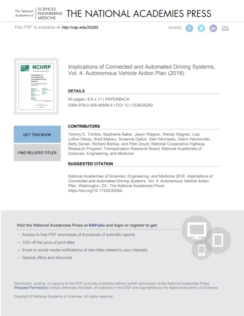 Cover image for book Implications of Connected and Automated Driving Systems, Vol. 4: Autonomous Vehicle Action Plan