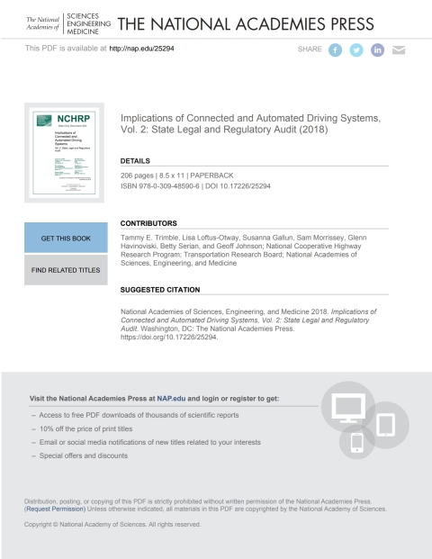 Cover image for book Implications of Connected and Automated Driving Systems, Vol. 2: State Legal and Regulatory Audit