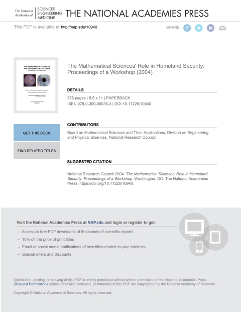 Cover image for book The Mathematical Sciences' Role in Homeland Security