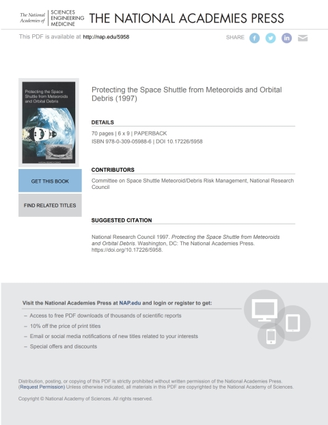 Cover image for book Protecting the Space Shuttle from Meteoroids and Orbital Debris