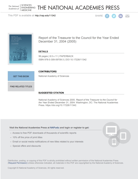 Cover image for book Report of the Treasurer to the Council for the Year Ended December 31, 2004