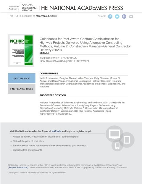 Cover image for book Guidebooks for Post-Award Contract Administration for Highway Projects Delivered Using Alternative Contracting Methods, Volume 2: Construction Manager–General Contractor Delivery