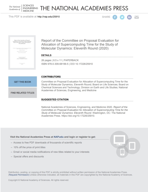 Cover image for book Report of the Committee on Proposal Evaluation for Allocation of Supercomputing Time for the Study of Molecular Dynamics