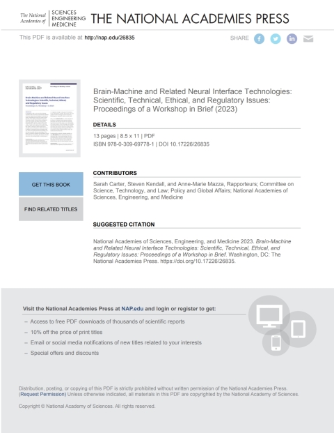 Cover image for book Brain-Machine and Related Neural Interface Technologies: Scientific, Technical, Ethical, and Regulatory Issues