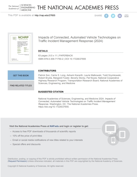 Cover image for book Impacts of Connected, Automated Vehicle Technologies on Traffic Incident Management Response