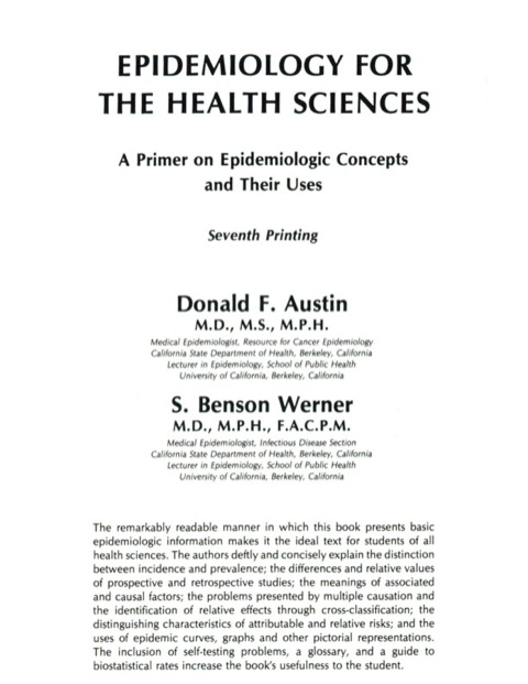 Cover image for book Epidemiology for the Health Sciences: A Primer on Epidemiologic Concepts and Their Uses (7th Ptg.)