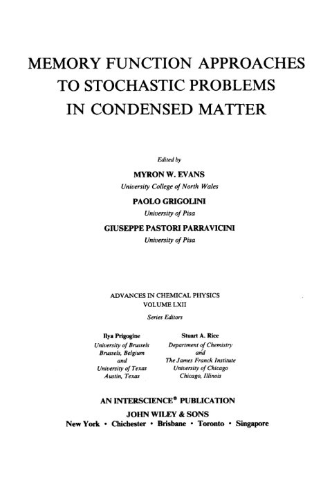 Cover image for book Memory Function Approaches to Stochastic Problems in Condensed Matter