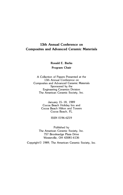 Cover image for book 13th Annual Conference on Composites and Advanced Ceramic Materials, Part 2 of 2