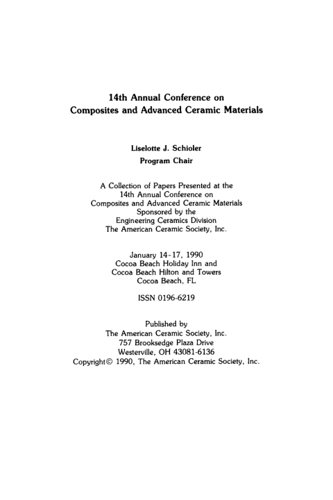 Cover image for book 14th Annual Conference on Composites and Advanced Ceramic Materials, Part 1 of 2
