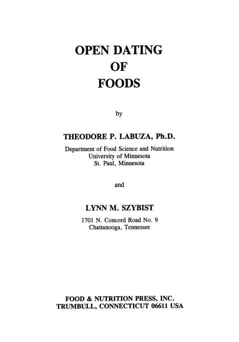 Cover image for book Open Dating of Foods