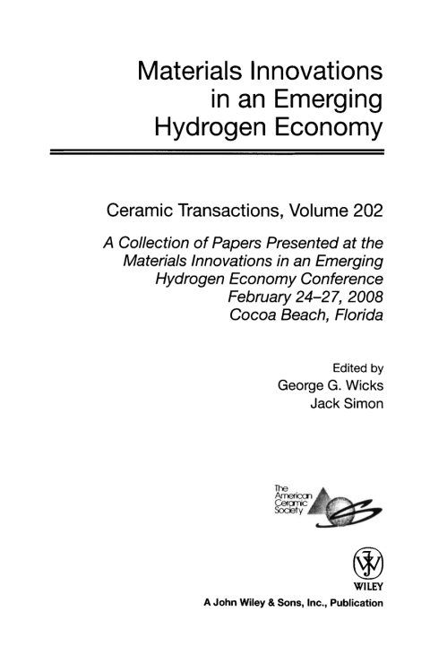 Cover image for book Materials Innovations in an Emerging Hydrogen Economy: Ceramic Transactions, Volume 202