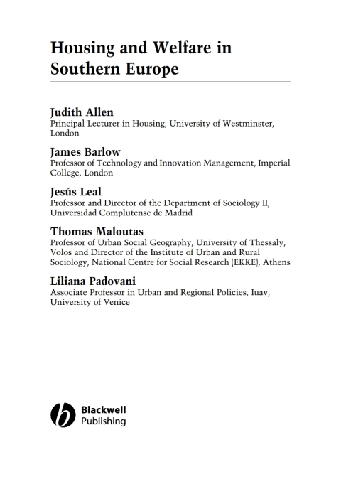 Cover image for book Housing and Welfare in Southern Europe