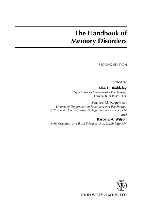The Handbook of Memory Disorders 