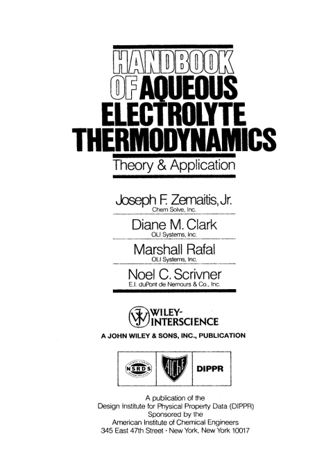 Cover image for book Handbook of Aqueous Electrolyte Thermodynamics: Theory & Application