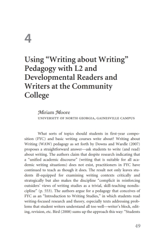 Using “Writing about Writing” Pedagogy with L2 and Developmental Readers and Writers at the Community College