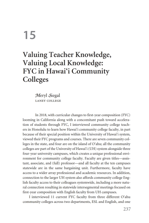 Cover image for book Valuing Teacher Knowledge, Valuing Local Knowledge: FYC in Hawai‘i Community Colleges
