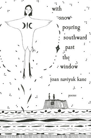 with snow pouring southward past the window
