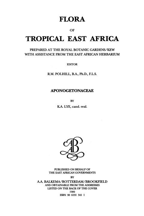 Cover image for book Flora of Tropical East Africa - Aponogetonac (1989 )