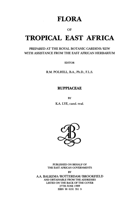 Cover image for book Flora of Tropical East Africa - Ruppiaceae (1989)