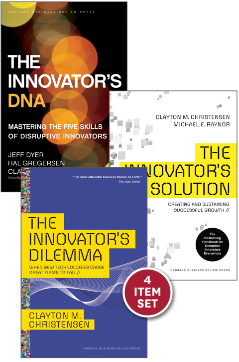 Cover image for book Disruptive Innovation: The Christensen Collection (The Innovator's Dilemma, The Innovator's Solution, The Innovator's DNA, and Harvard Business Review article "How Will You Measure Your Life?") (4 Items)