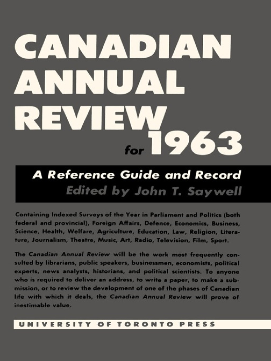 Page Fidelity Canadian Annual Review of Politics and Public Affairs 1963; $65.52