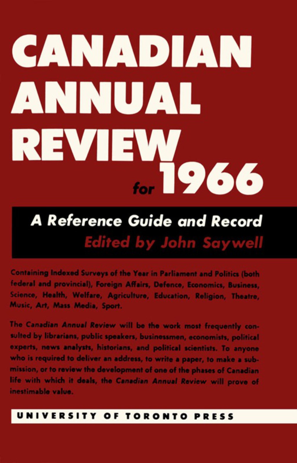 Page Fidelity Canadian Annual Review of Politics and Public Affairs 1966; $65.52