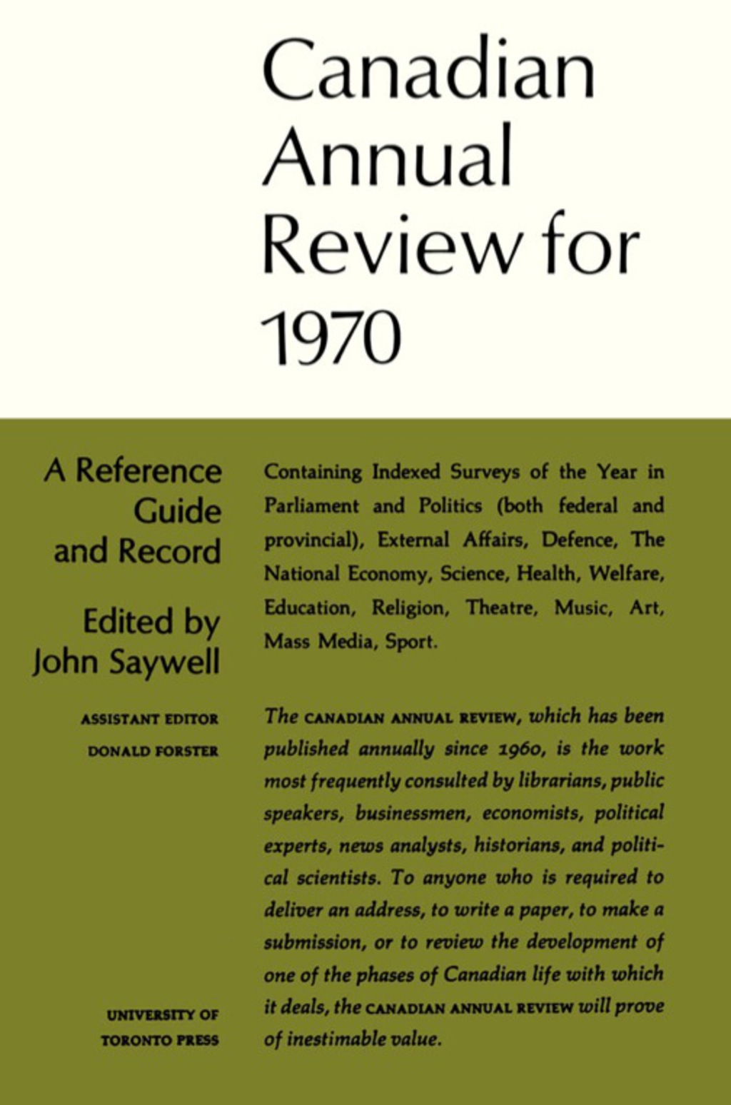 Page Fidelity Canadian Annual Review of Politics and Public Affairs 1970; $65.52