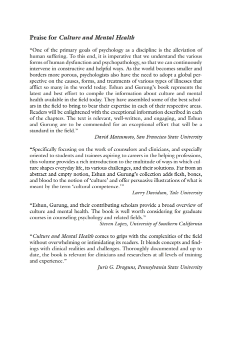 Cover image for book Culture and Mental Health: Sociocultural Influences, Theory, and Practice