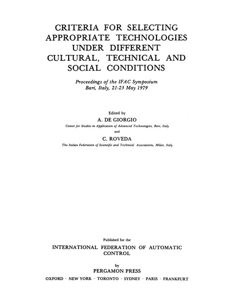 Cover image for book Criteria for Selecting Appropriate Technologies under Different Cultural, Technical and Social Conditions