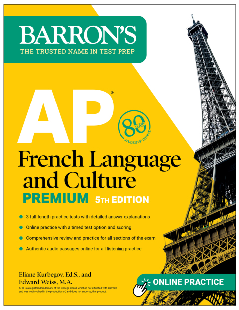 Cover image for book AP French Language and Culture Premium: 3 Practice Tests   Comprehensive Review   Online Audio and Practice