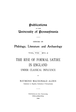 The Rise of Formal Satire in England Under Classical Influence