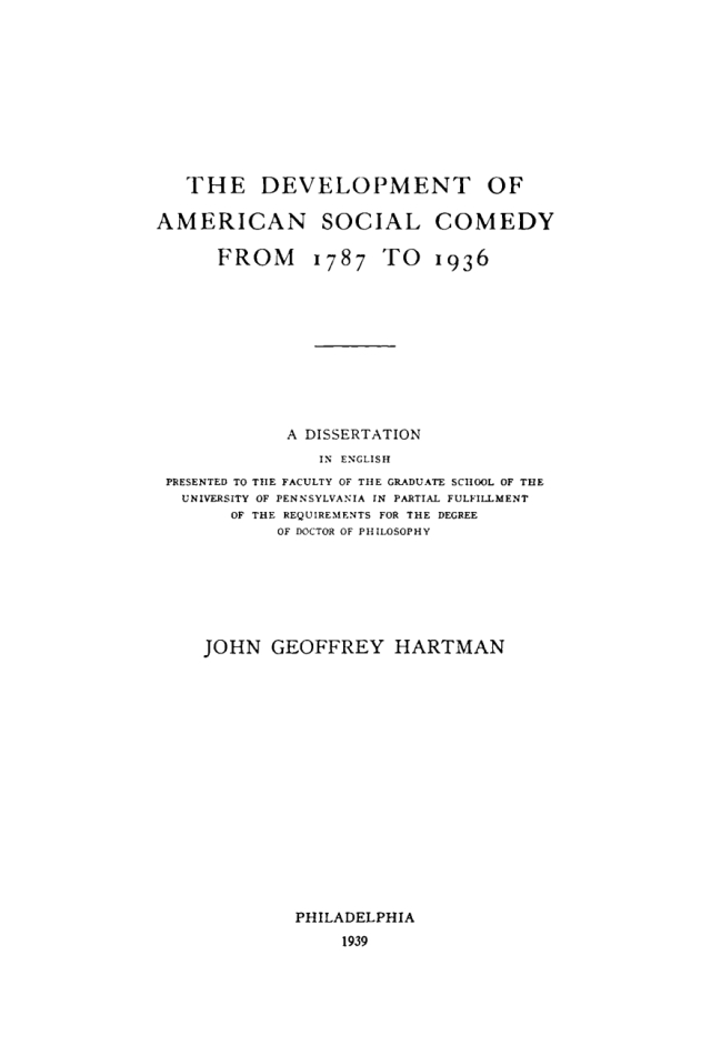 The Development of American Social Comedy from 1787 to 1936