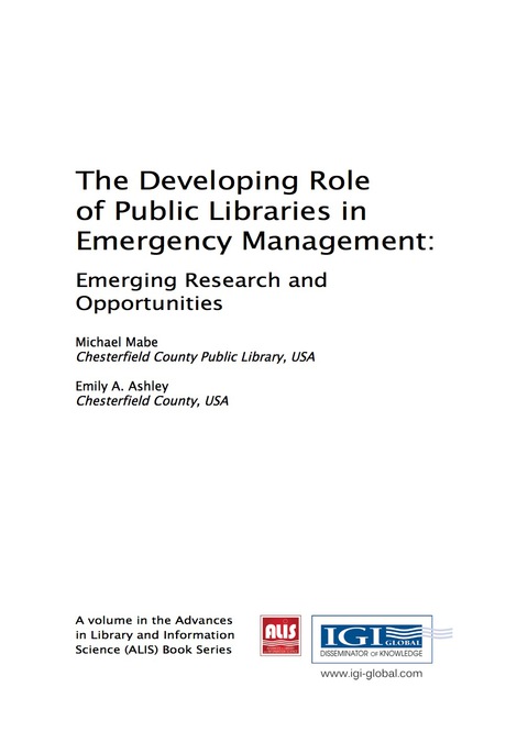 Cover image for book The Developing Role of Public Libraries in Emergency Management: Emerging Research and Opportunities