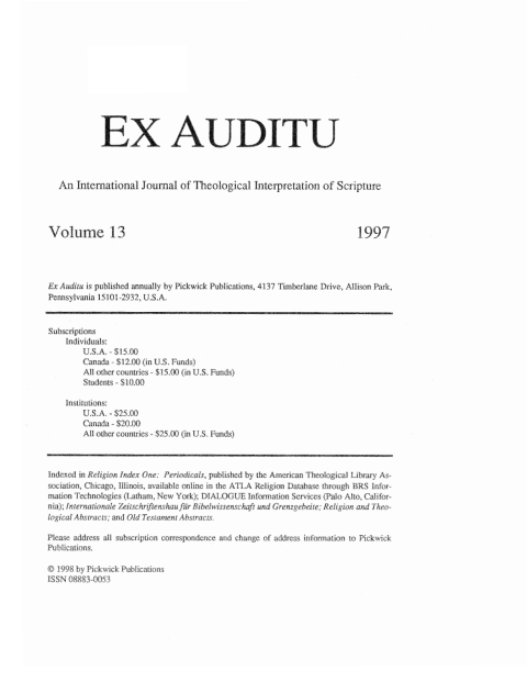 Cover image for book Ex Auditu - Volume 13