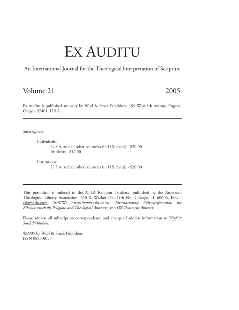 Cover image for book Ex Auditu - Volume 21