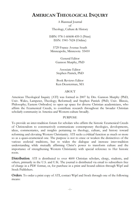 Cover image for book American Theological Inquiry, Volume Two, Issue One
