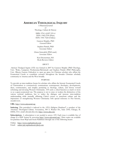 Cover image for book American Theological Inquiry, Volume Four, Issue One