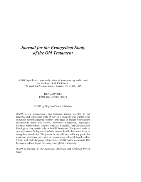 Cover image for book Journal for the Evangelical Study of the Old Testament, 1.2